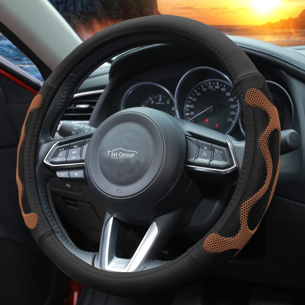 Universal Leather Car Steering Wheel Cover with Silicone Anti-Slip Grip Brown