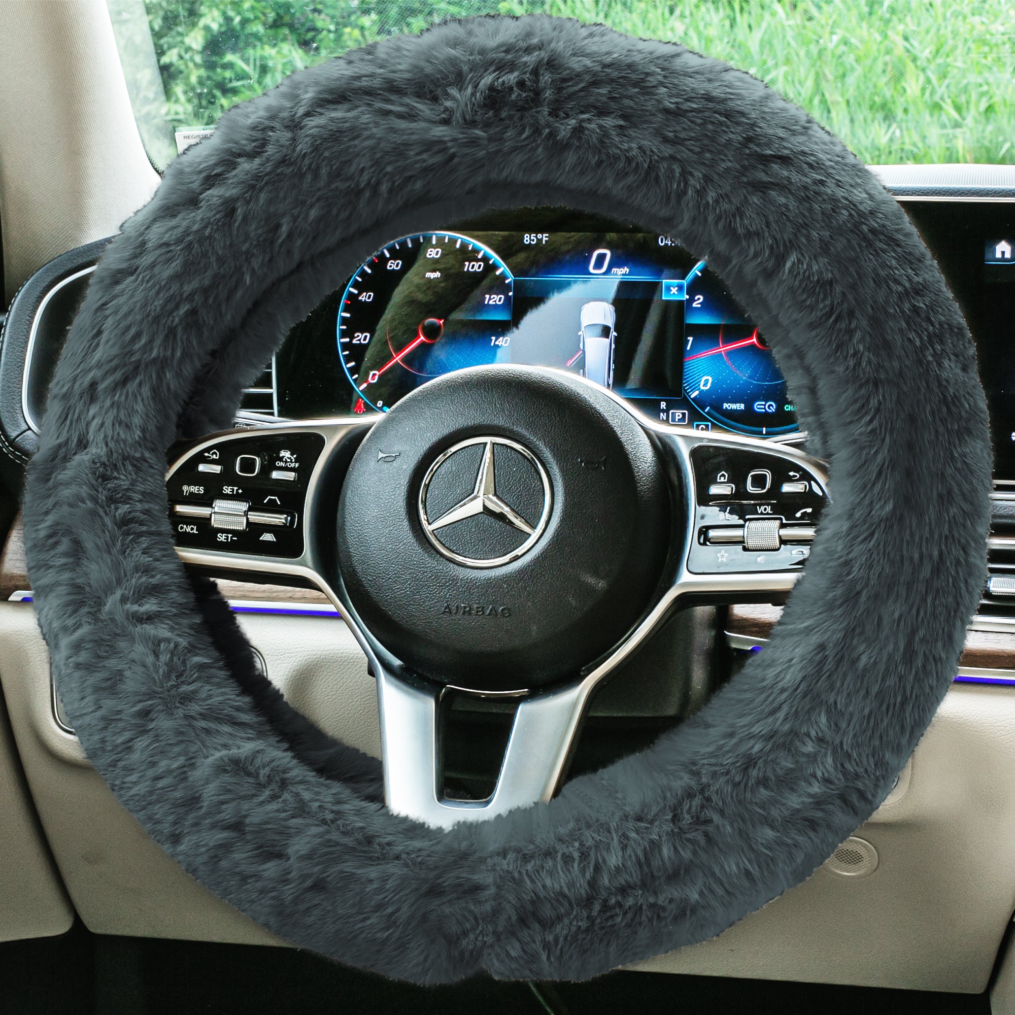 Doe16 Faux Rabbit Fur Steering Wheel Cover Gray
