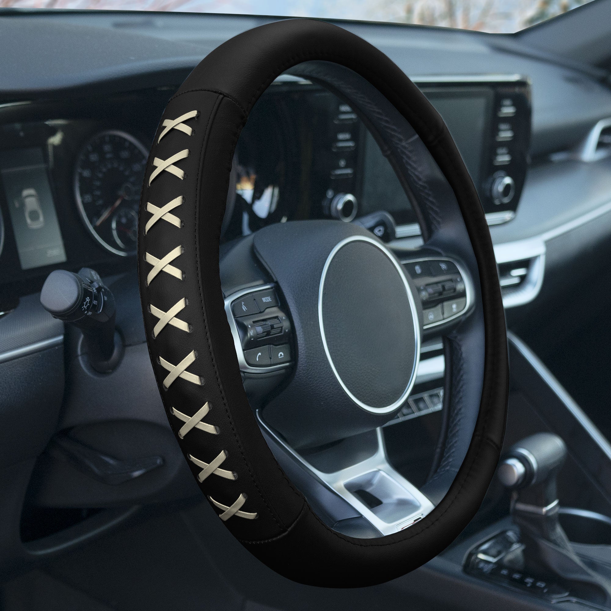 Genuine Leather Lace-Up Steering Wheel Cover Beige
