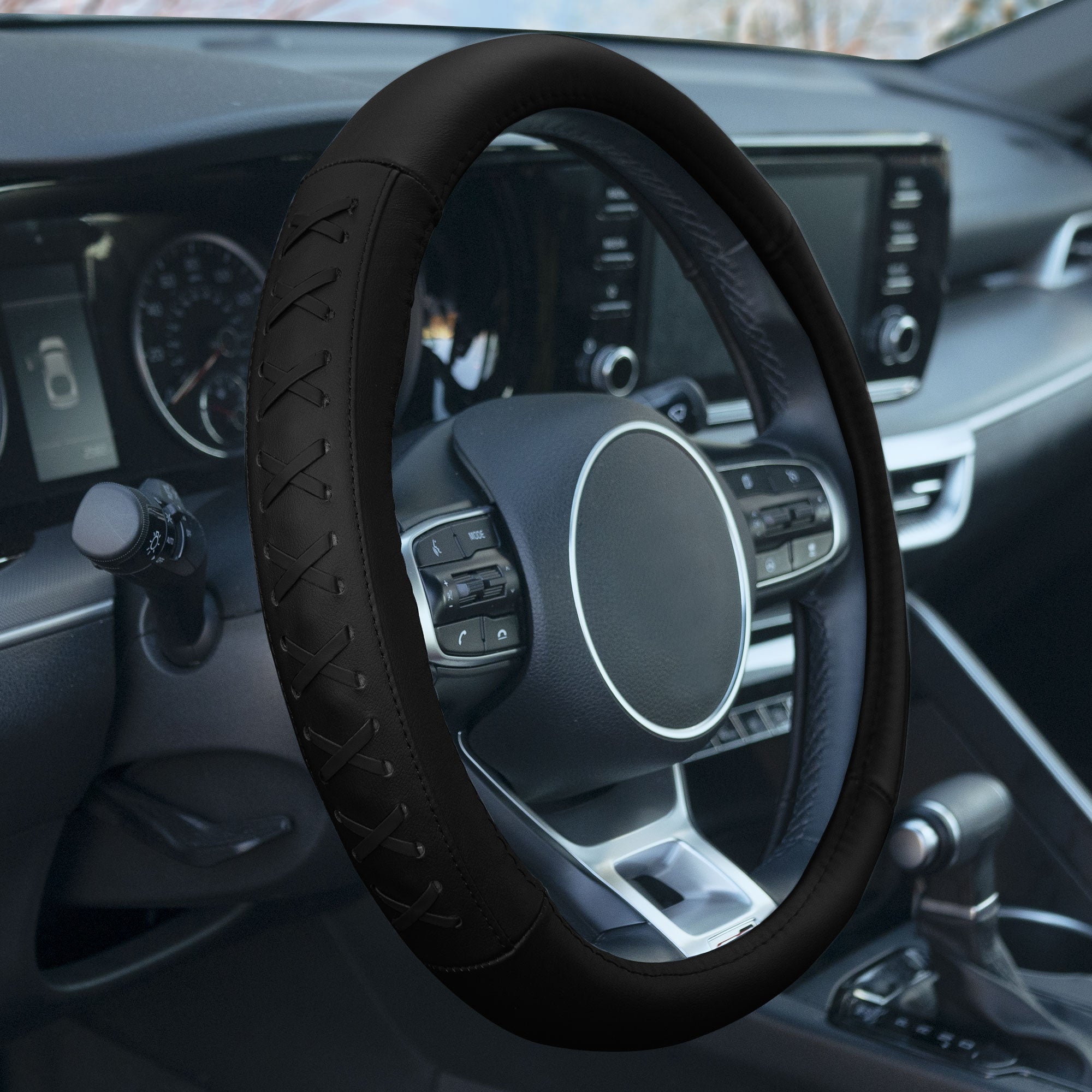 Genuine Leather Lace-Up Steering Wheel Cover Black