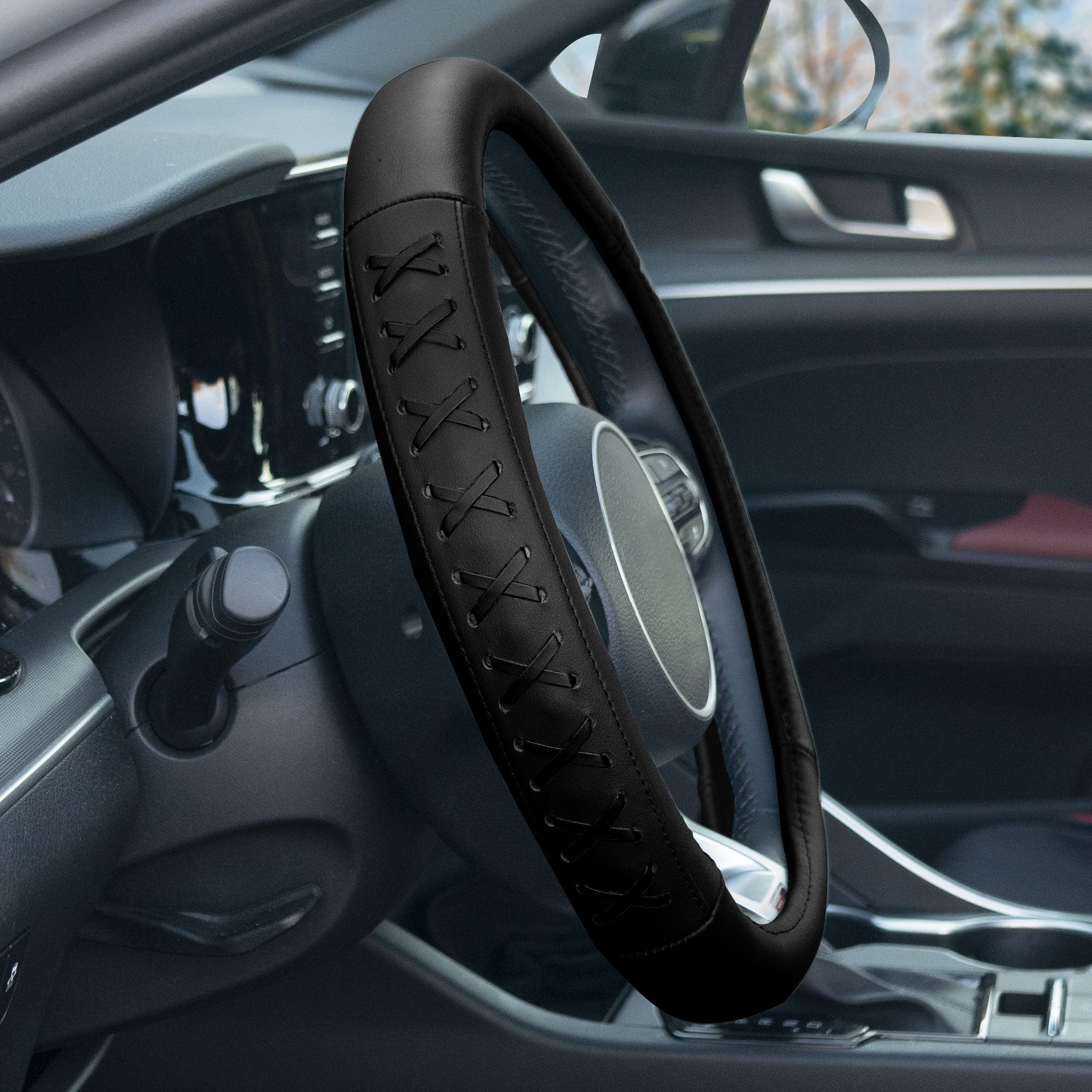 Genuine Leather Lace-Up Steering Wheel Cover Black