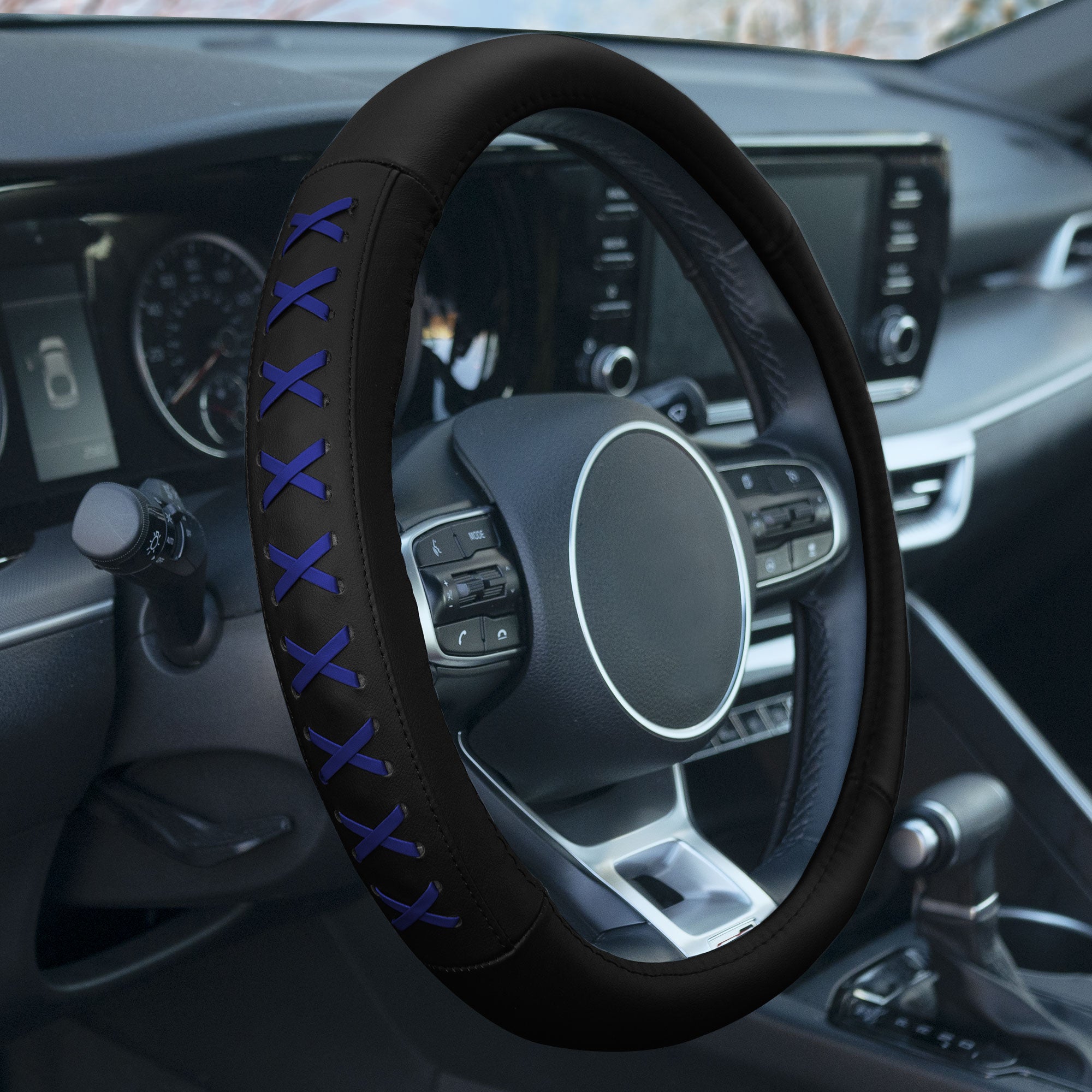 Genuine Leather Lace-Up Steering Wheel Cover Blue