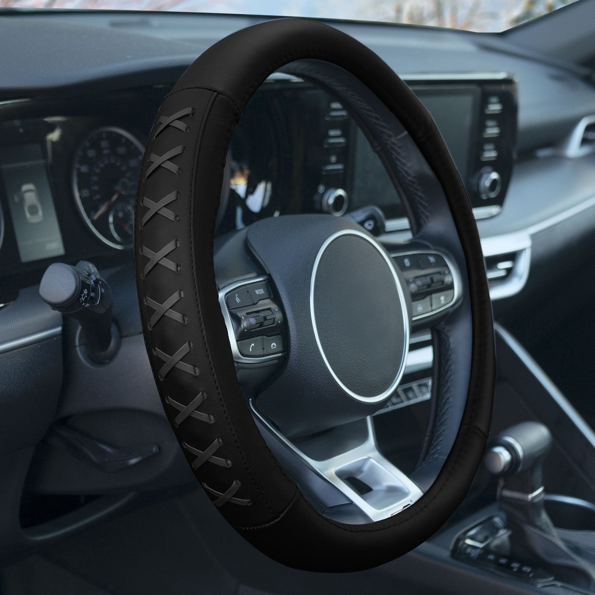 Genuine Leather Lace-Up Steering Wheel Cover Gray