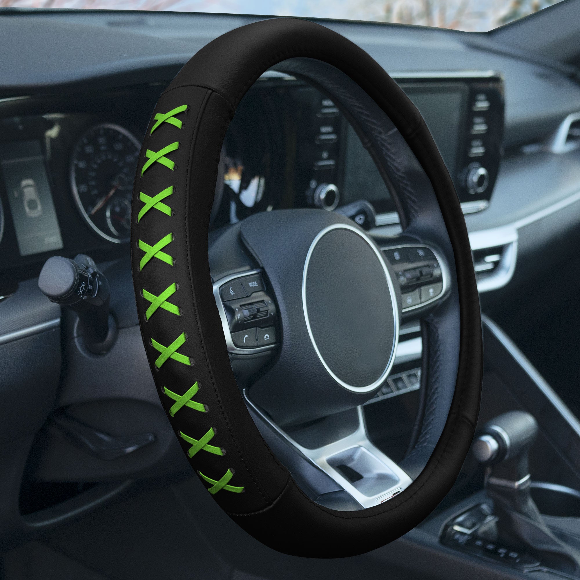 Genuine Leather Lace-Up Steering Wheel Cover Green