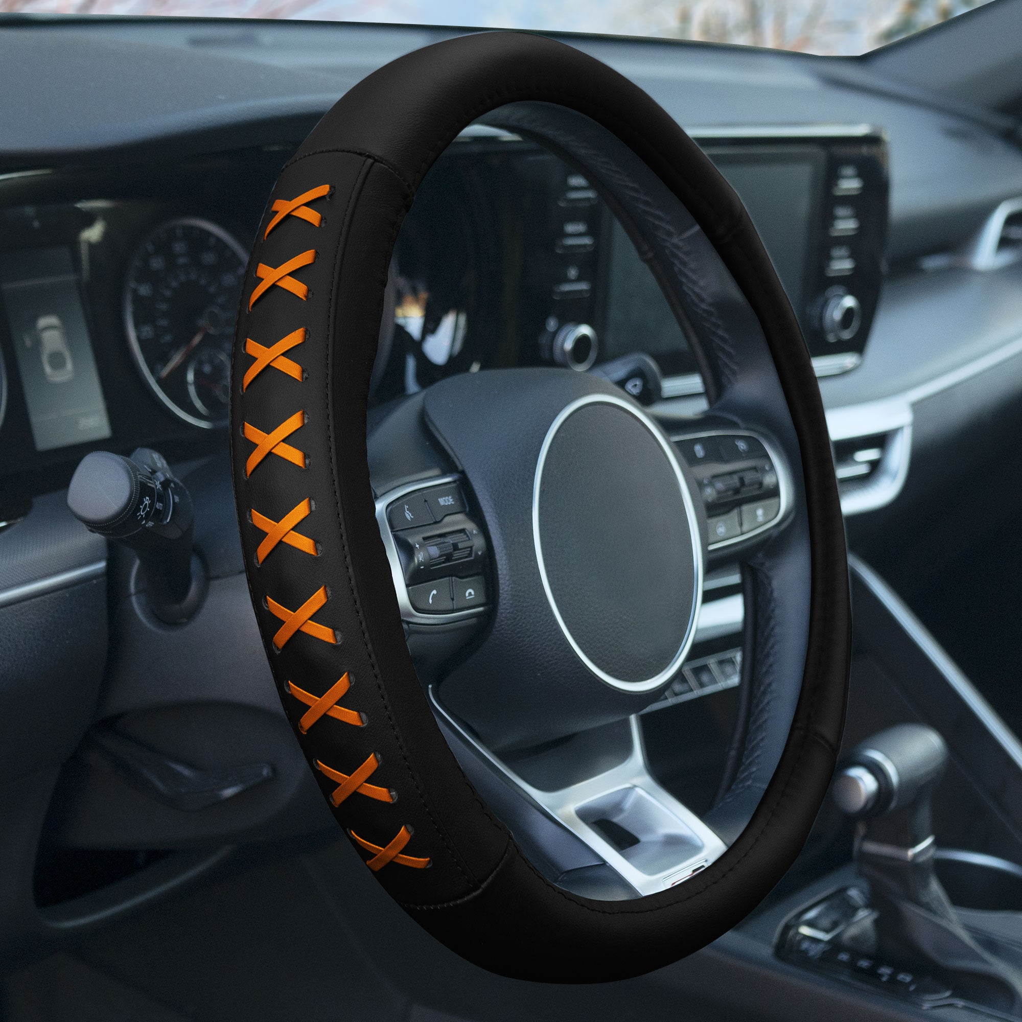 Genuine Leather Lace-Up Steering Wheel Cover Orange