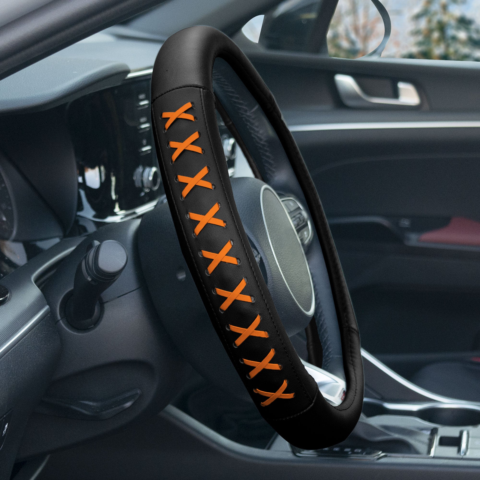 Genuine Leather Lace-Up Steering Wheel Cover Orange