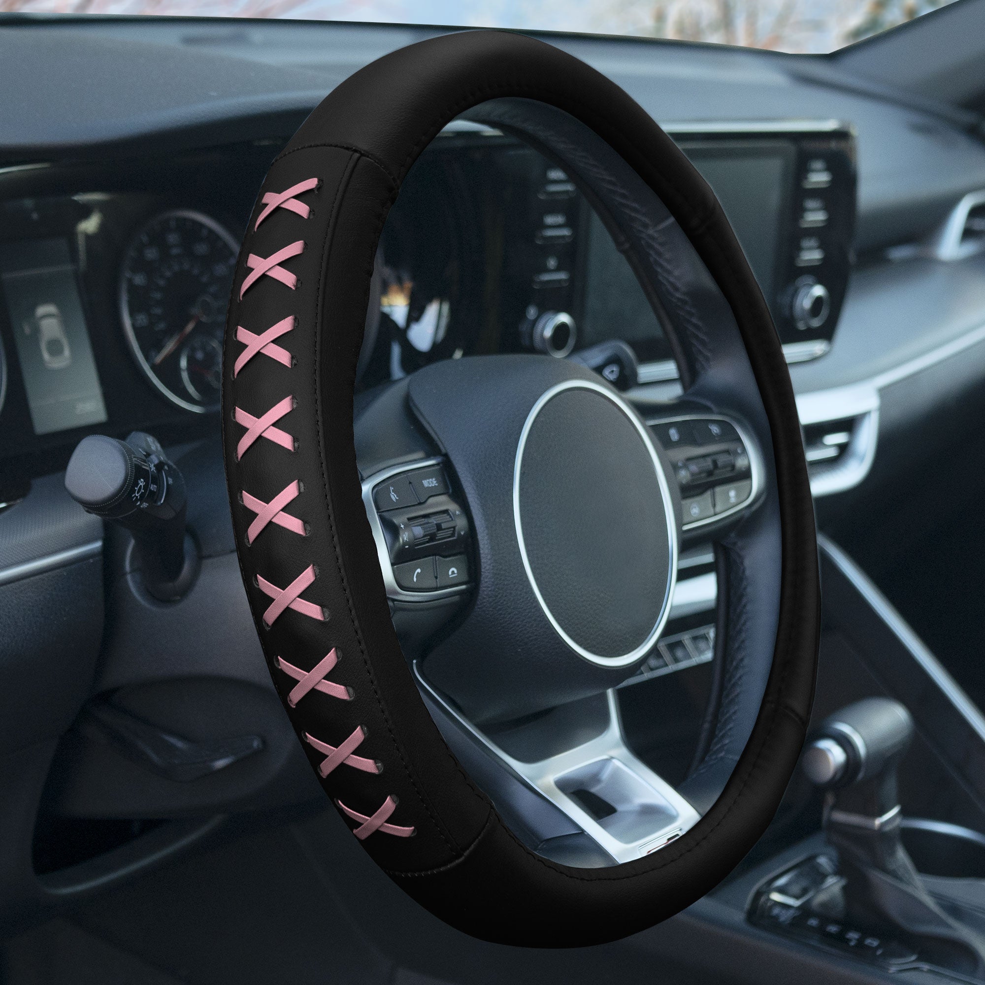 Genuine Leather Lace-Up Steering Wheel Cover Pink