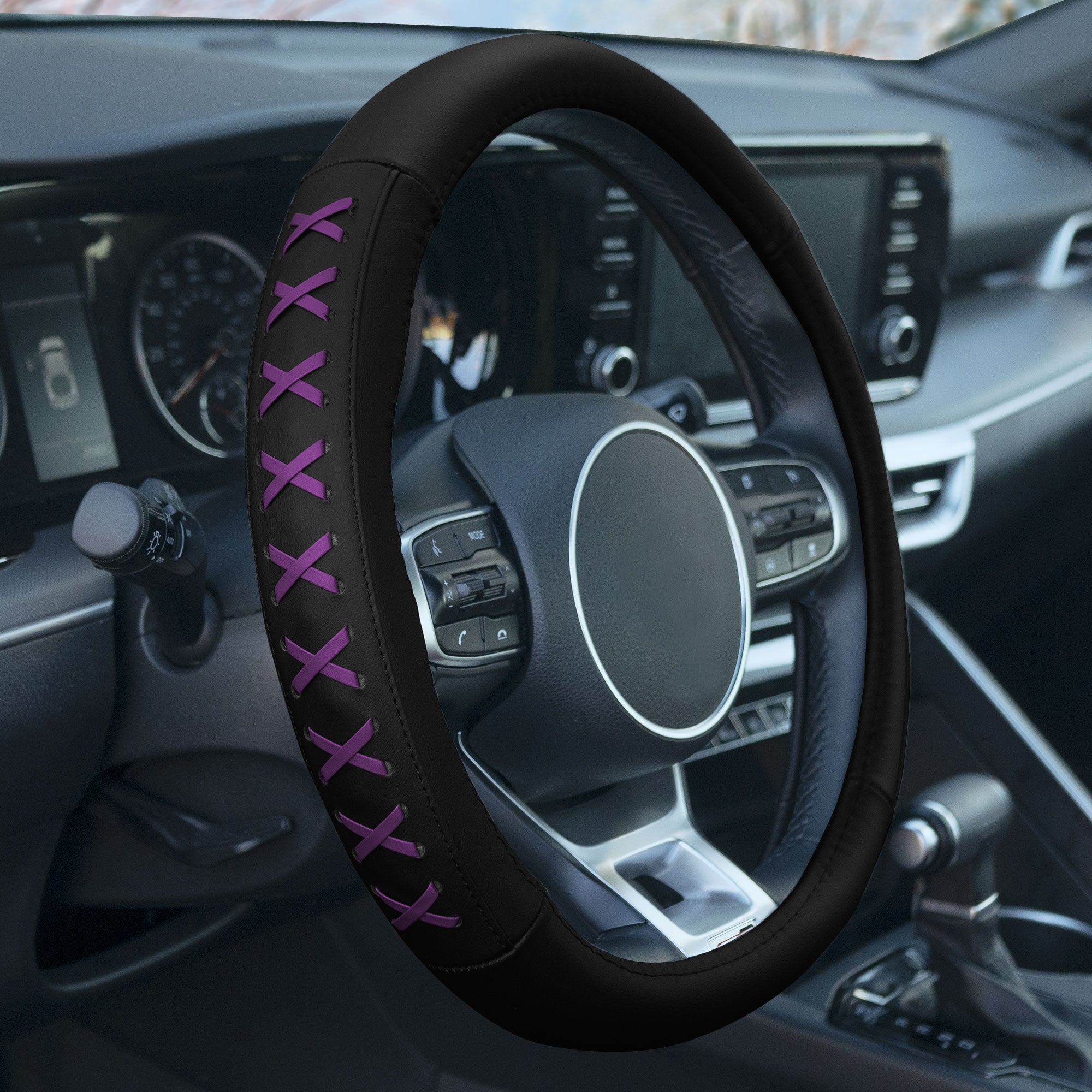 Genuine Leather Lace-Up Steering Wheel Cover Purple