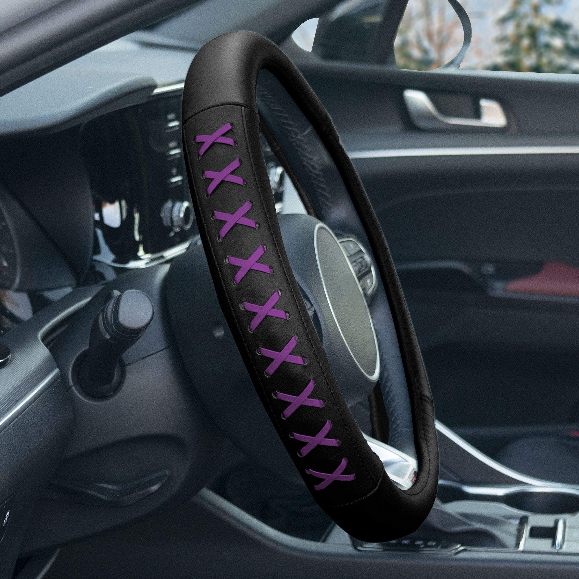 Genuine Leather Lace-Up Steering Wheel Cover Purple