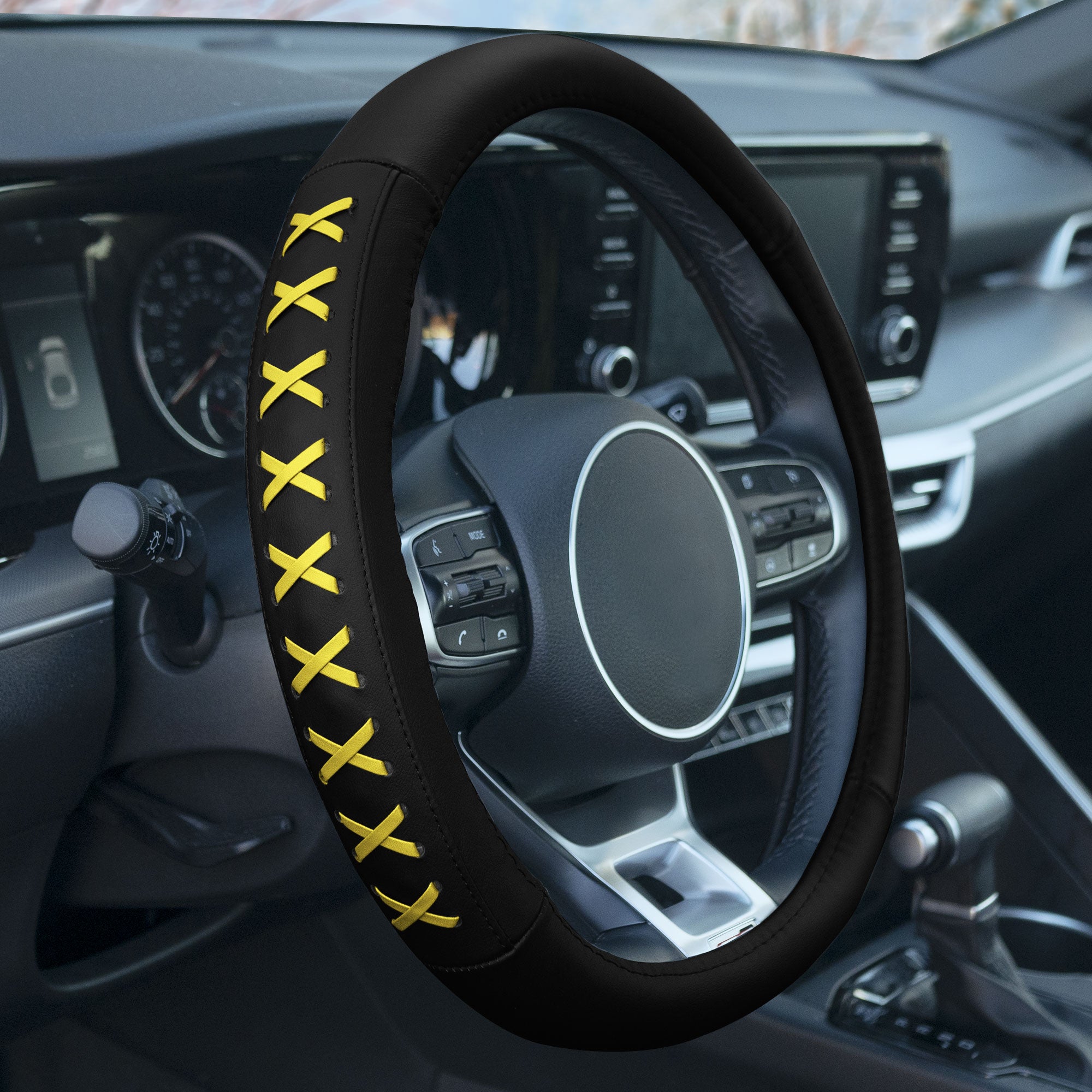 Genuine Leather Lace-Up Steering Wheel Cover Yellow