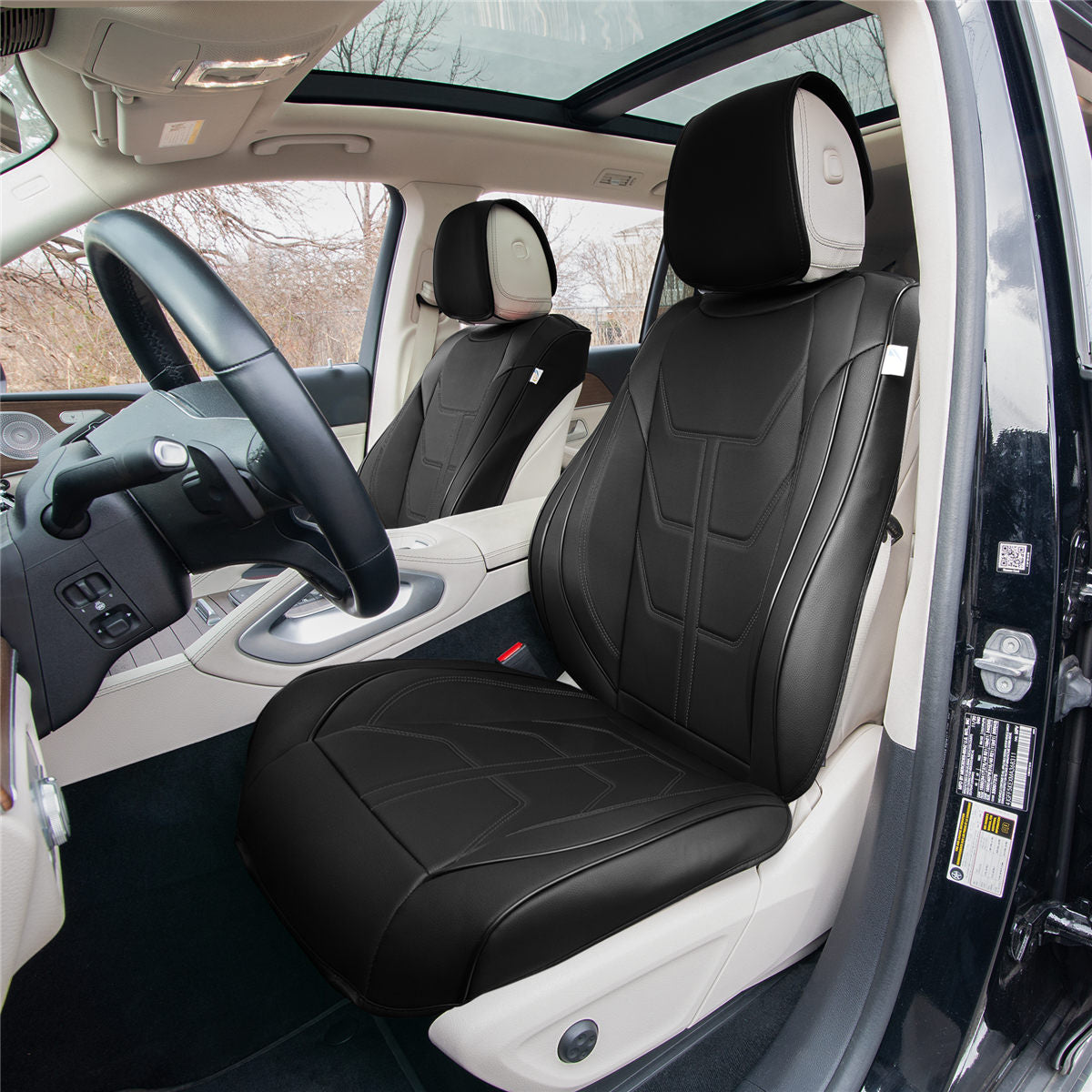 Bionic70 Deluxe Faux Leather Car Seat Covers with Contrast Stitching - Front Set Black