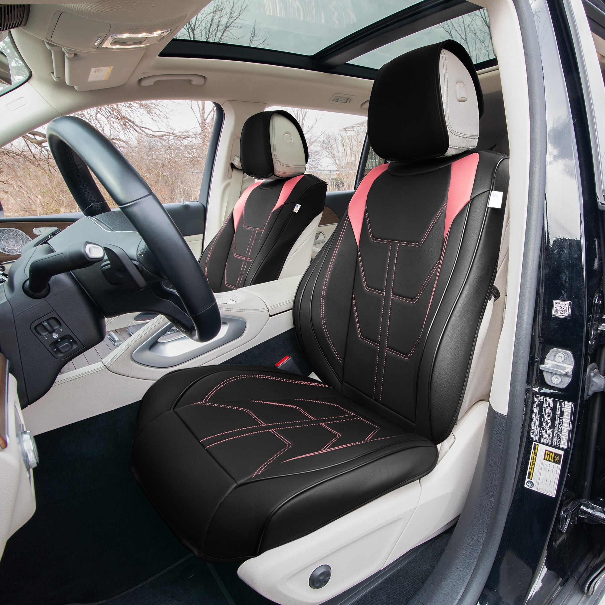 Bionic70 Deluxe Faux Leather Car Seat Covers with Contrast Stitching - Front Set Pink