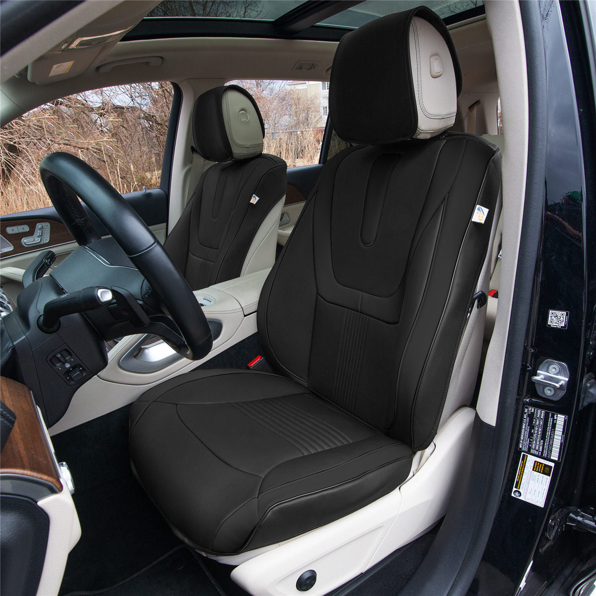 Hybrid70 Deluxe Faux Leather Car Seat Covers with Modern Pattern - Front Set Black