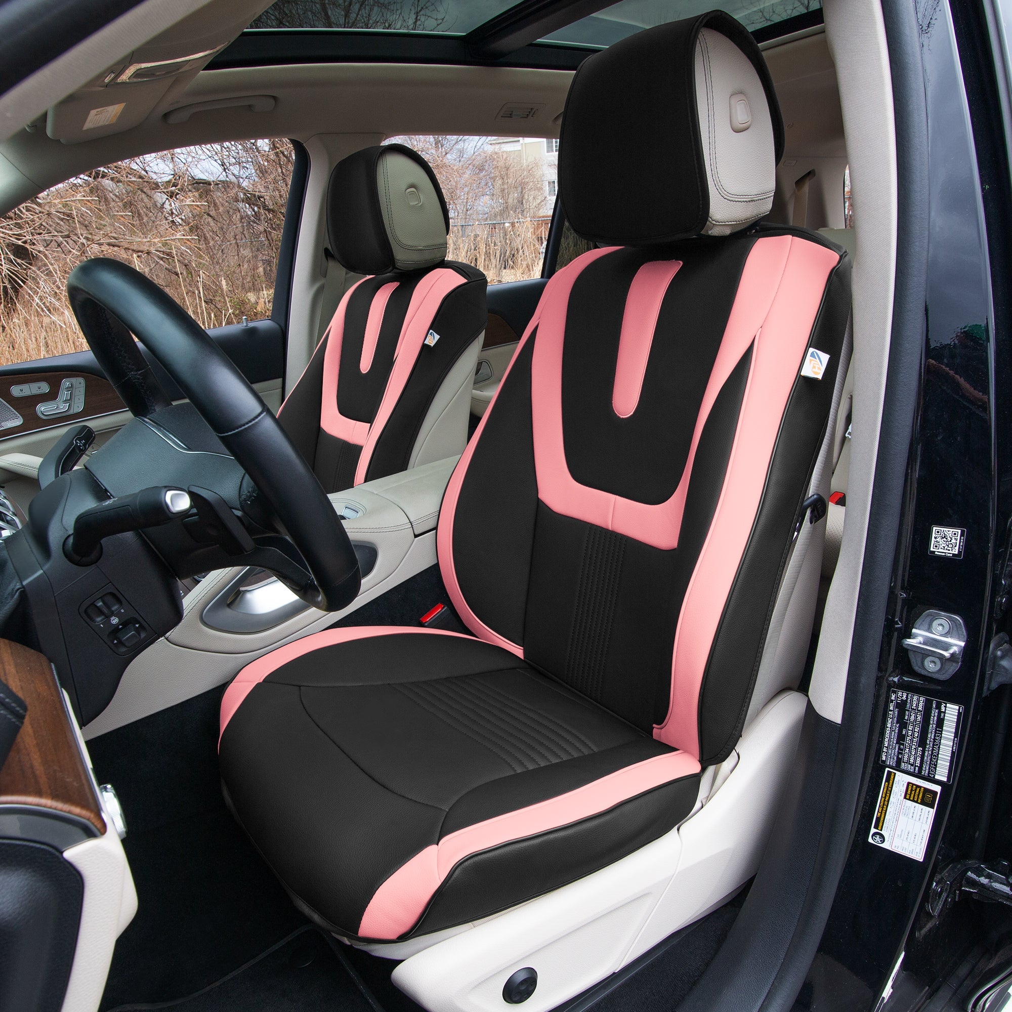Hybrid70 Deluxe Faux Leather Car Seat Covers with Modern Pattern - Front Set Pink